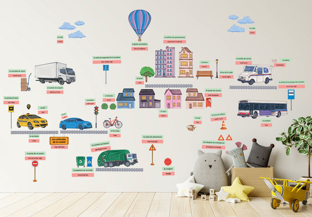 Passionfruit Kids Bilingual Wall Decals - Spanish (City Vehicles)