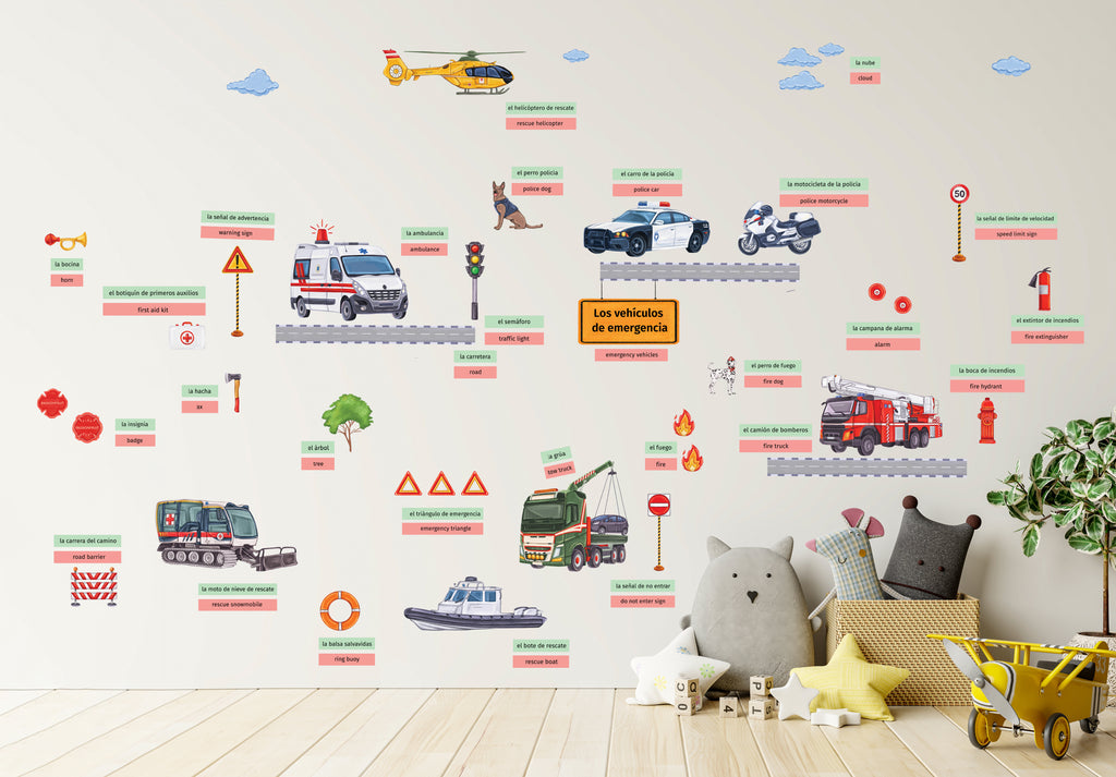 Passionfruit Kids Bilingual Wall Decals - Spanish (Emergency Vehicles)